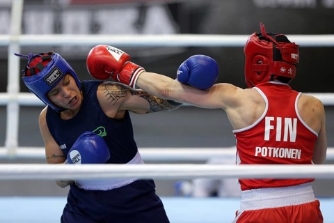 Sofia, Bulgaria. 27th February, 2021. Mira Potkonen (red) of Finland and Beatriz Ferreira of Brazil