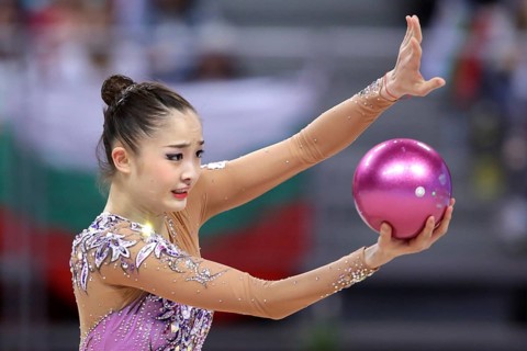 Sofia, Bulgaria - 1 April, 2018: Kaho Minagawa Japan performs with ball during Rhythmic Gymnastics
