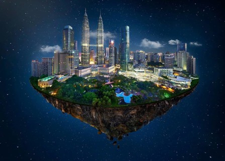 Fantasy island floating in the air with modern city skyline and lake garden, Night scene