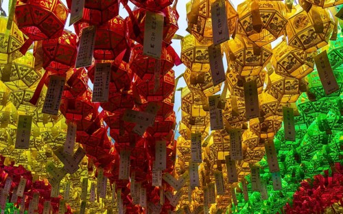 Close up of many colorful and beautiful paper lanterns. The festival celebrate the birthday of