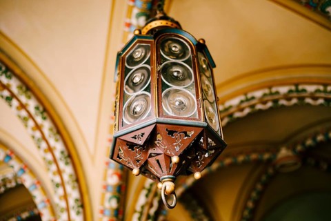 Antique German lamp on the ceiling. Octagon with Fresnel lenses.