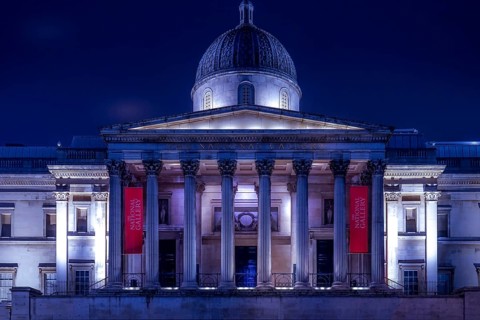 National Gallery art museum of night view (London). Shooting Location: United Kingdom, London