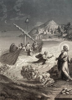 The miraculous catch of 153 fish, Resurrection of Jesus, New Testament, steel engraving 1853,