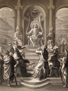 Jesus with the scholars in the Temple, Steel engraving 1853, digitally restored