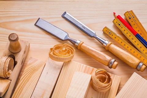 Composition od joinery tools chisels woodworkers plane wooden metre pencil