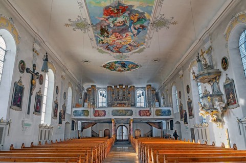 Ceiling frescoes and organ loft, St Michael's parish church, Sonthofen, Allgäu, Bavaria, Germany,