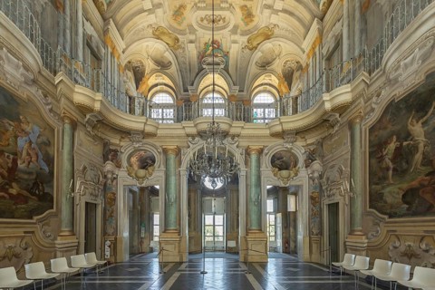 Turin, Italy, June 2022: Baroque luxury interior with marble of Queen's Palace, Villa della Regina,
