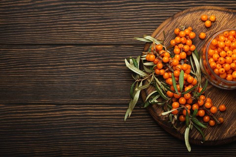 Sea buckthorn ripe berries in glass jar and branches with leaves top view on dark wooden rustic