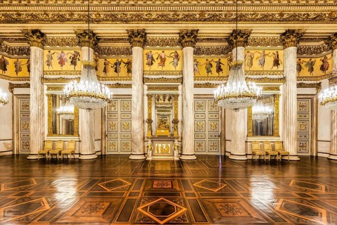 Turin, Italy, 17 november 2023: baroque ballroom interior in Royal Palace, 1842. Luxury marble,