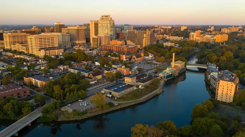 Saturated early morning light hits the buildings and architecture of downtown Wilmington Delaware