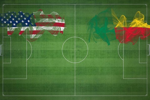 United States vs Benin Soccer Match, national colors, national flags, soccer field, football game,