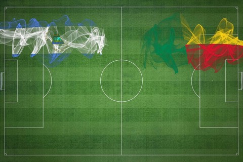 Nicaragua vs Benin Soccer Match, national colors, national flags, soccer field, football game,