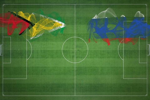 Guyana vs Russia Soccer Match, national colors, national flags, soccer field, football game,