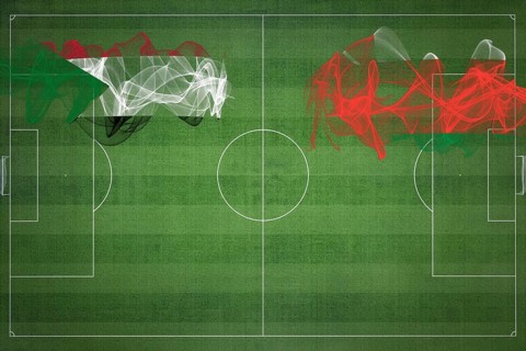Sudan vs Oman Soccer Match, national colors, national flags, soccer field, football game,