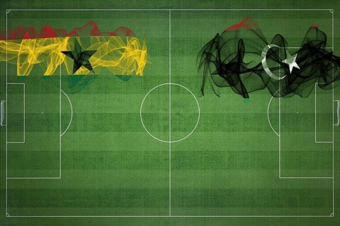 Ghana vs Libya Soccer Match, national colors, national flags, soccer field, football game,