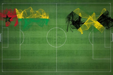 Guinea Bissau vs Jamaica Soccer Match, national colors, national flags, soccer field, football