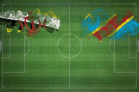 Brunei vs DR Congo Soccer Match, national colors, national flags, soccer field, football game,