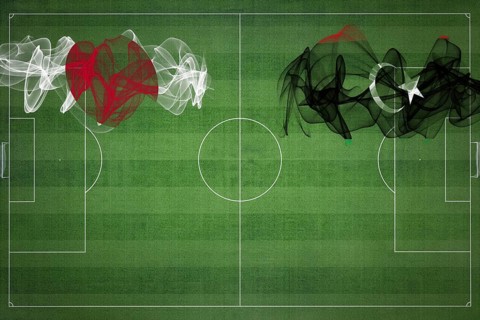 Japan vs Libya Soccer Match, national colors, national flags, soccer field, football game,