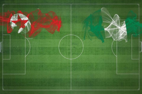 North Korea vs Nigeria Soccer Match, national colors, national flags, soccer field, football game,