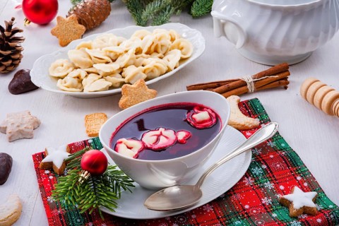 Barszcz (beetroot soup) with small pierogi