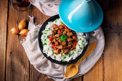 Tajin beef stew with rice, peppers and sesame seeds