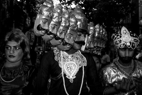 Man as Ravana fancy dress, Charak Festival parade, Kolkata, West Bengal, India, Asia