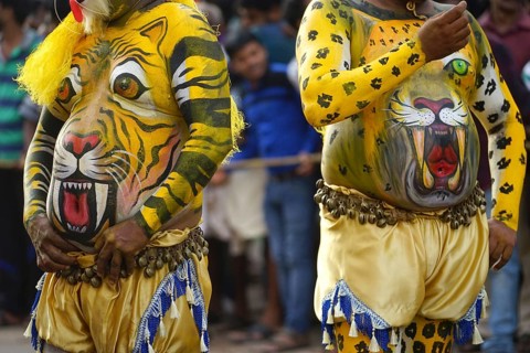 Pulikali Tiger Dance procession, Onam festival, Thrissur, Kerala, India, Asia