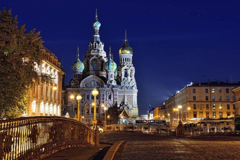 Illuminated Church Savior on Blood in St-Petersburg, Russia. Night view