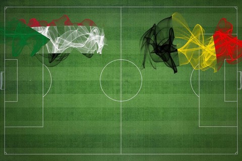 Sudan vs Belgium Soccer Match, national colors, national flags, soccer field, football game,