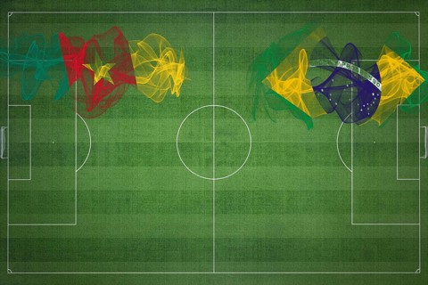 Cameroon vs Brazil Soccer Match, national colors, national flags, soccer field, football game,