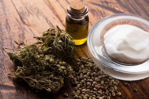 Cannabis oinment natural product. Cosmetic cream from natural hemp, moisturizing lotion with CBD