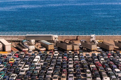 Parked cars at the busy Port of Savona, Italy, Europe