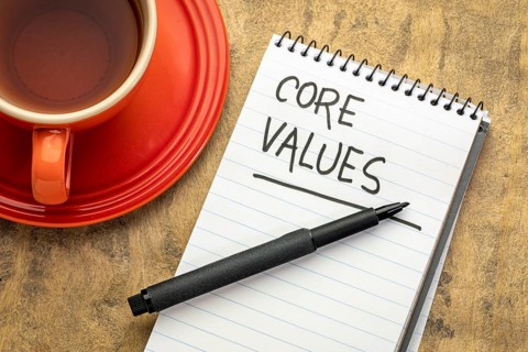 Core values - handwriting in a spiral notebook with a cup of tea