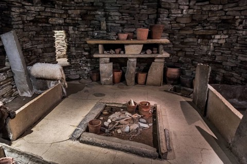 Replica of a house from the Neolithic settlement of Skara Brae, Mainland, Orkney Islands, Scotland,