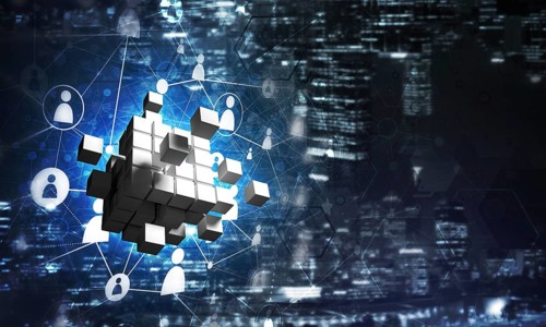 Conceptual background image with cube figure and social connection lines. 3d rendering