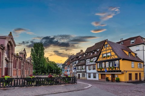 Colmar France, Colorful Half Timber House sunrise city skyline