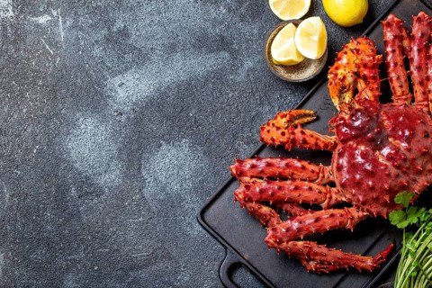 Food, Food, Red king crab on gray background. King crab, lemon and cilantro, top view