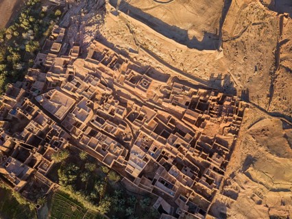 Aerial top view on Kasbah Ait Ben Haddou in the Atlas Mountains, Morocco, Africa