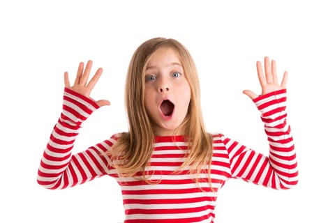 Blond kid girl open mounth and hands happy expression gesture on white