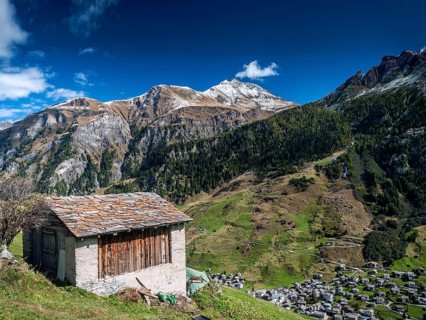 Vals village alpine valley landscape and homes in central alps switzerland