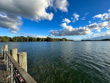 View over the Scharmützelsee with a jetty in the foreground, Bad Saarow, Brandenburg, Germany,