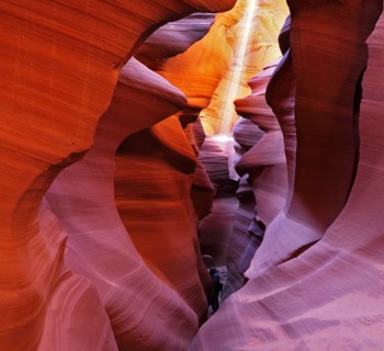 A thin ray of sunlight illuminates the sandy bottom of the canyon. Noon in a red-orange Antelope