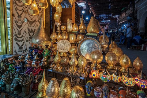 Worked brass lamps, souk street, marrakesh, morocco