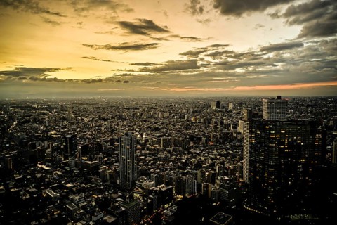 Shinjuku of city landscape and sunset visible from the observatory of the Tokyo Metropolitan