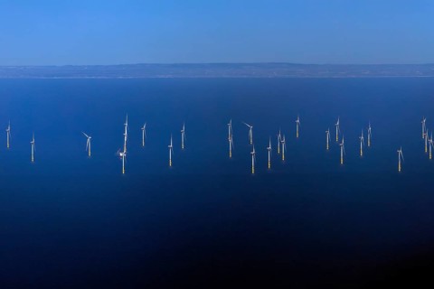View from Hiddensee to the Baltic 2 offshore wind farm, with the Danish coast in the background,