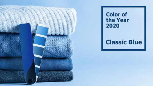 Stack of sweaters and color fun palette in classic blue 2020 color. Color of year 2020 concept for