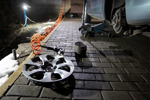 Car wheel repair in a tyre workshop
