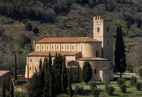 Sant' Antimo, Abbazia, Benedictine abbey, distant view from the south-east
