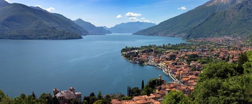 Aerial panorama landscape of Menaggio city on Como lake between mountains in Italy