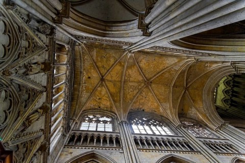 Rouen, France, August 30, 2018: Interior of a catholic temple. Ceiling of the Notre-Dame de Rouen